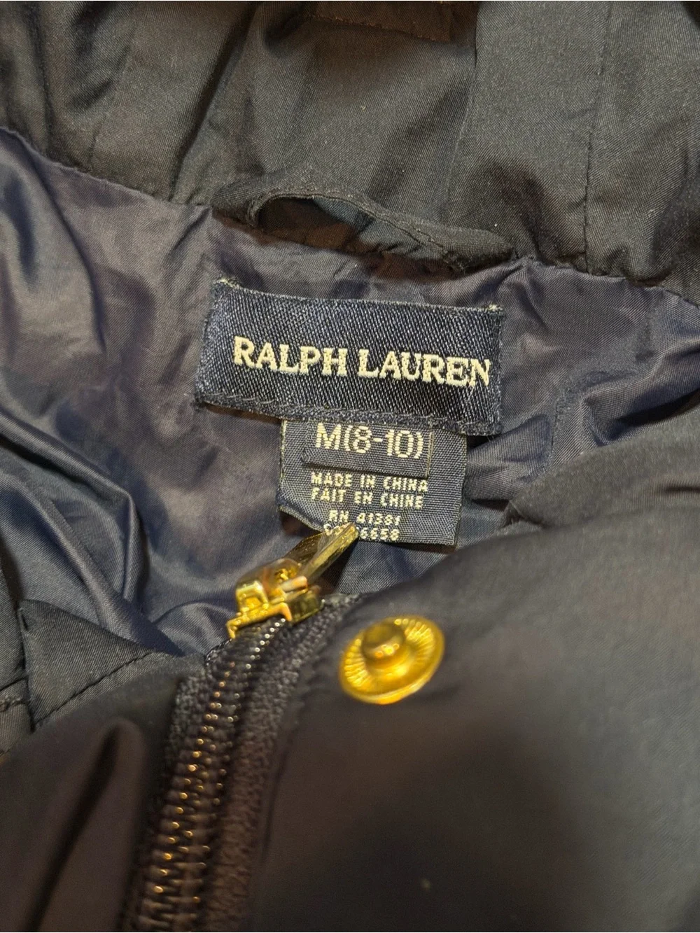 Ralph Lauren Puffer Jacket Girls Sz M 8-10 Navy Down Snap Hooded Pink Pony